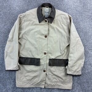 Vintage Climate Zone Barn Jacket Mens Medium Tan Cotton Leather Trim Plaid Lined